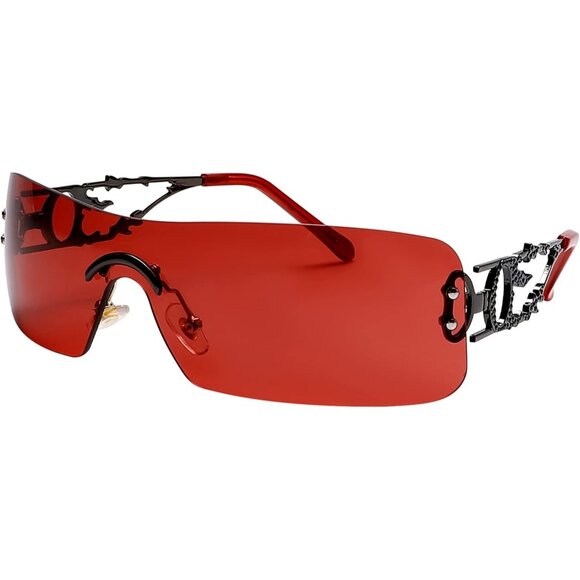 Rimless Y2K Rectangle Dark Red Sunglasses Women and Men Vintage Retro Eyewear - Picture 1 of 6